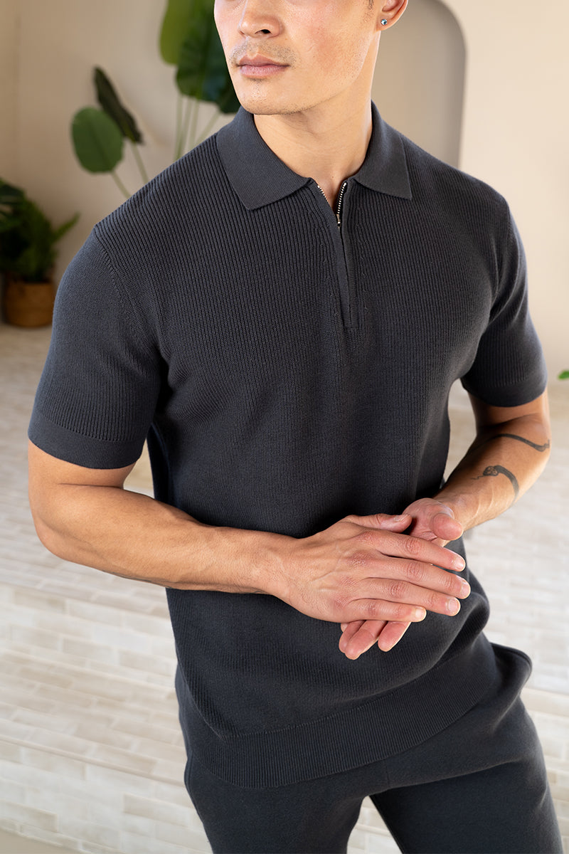 Premium Ribbed Knitted Polo Shirt - Charcoal | Xtralitty