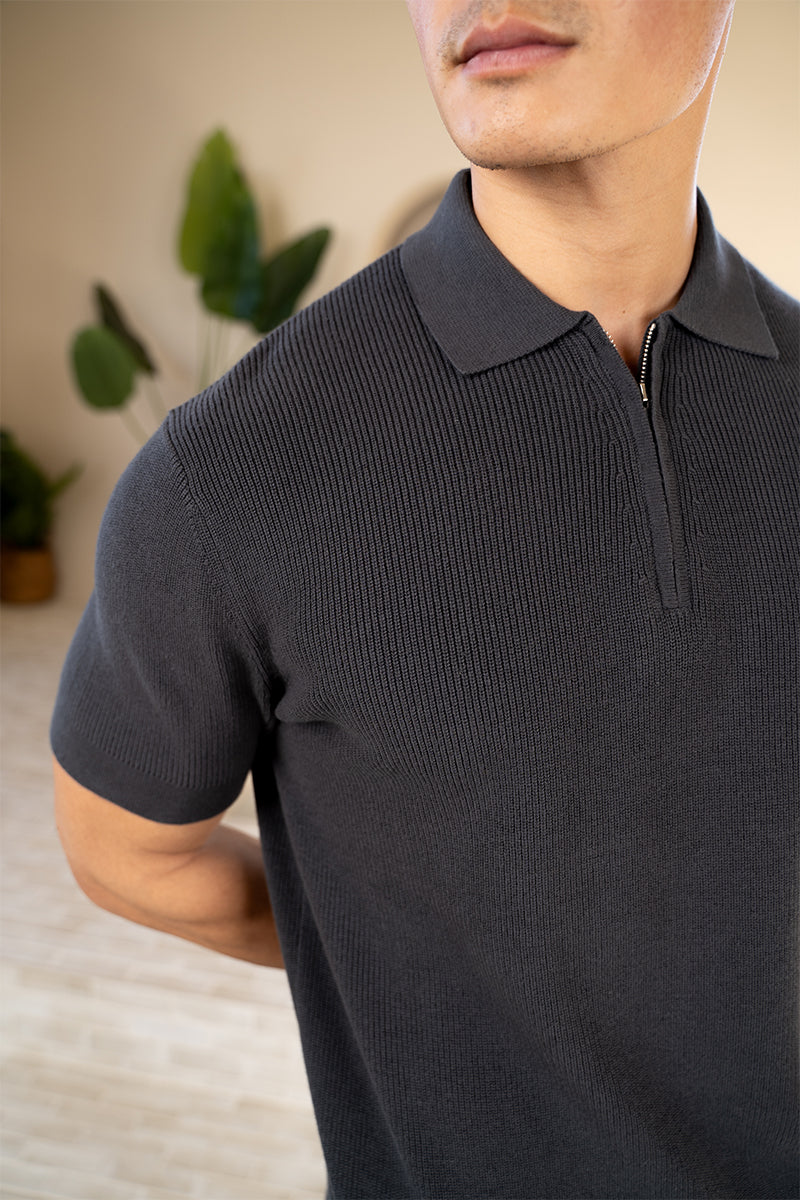 Premium Ribbed Knitted Polo Shirt - Charcoal | Xtralitty