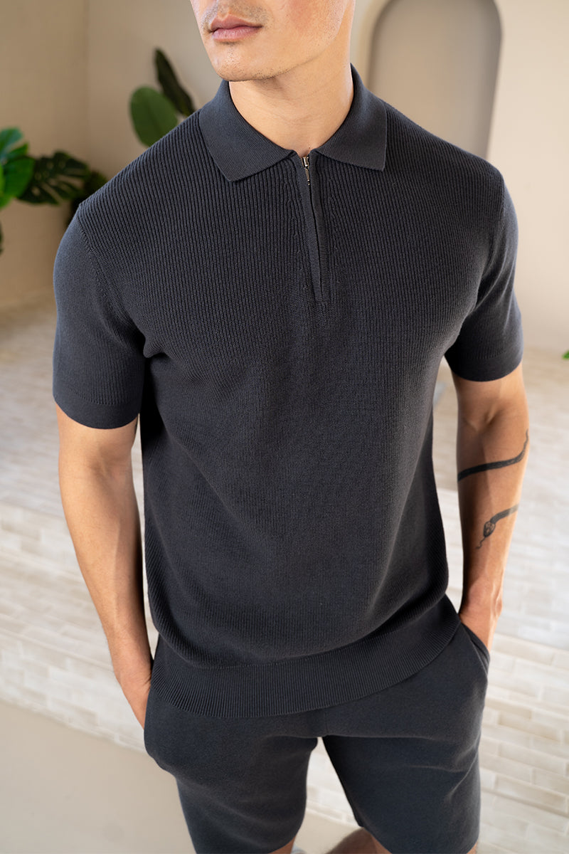 Premium Ribbed Knitted Polo Shirt - Charcoal | Xtralitty