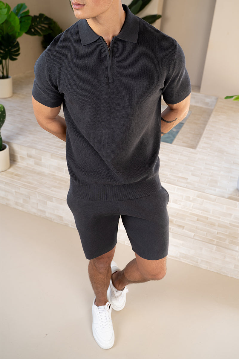 Premium Ribbed Knitted Polo Shirt - Charcoal | Xtralitty