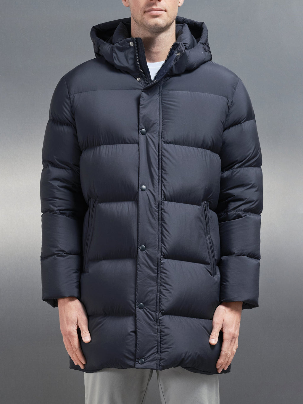 Goose Down Mid Length Jacket in Navy by Xtralitty — Apparel premium streetwear