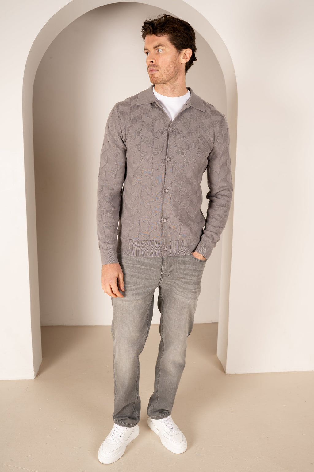 Textured Pattern Button Up Cardgian - Light Grey | Xtralitty
