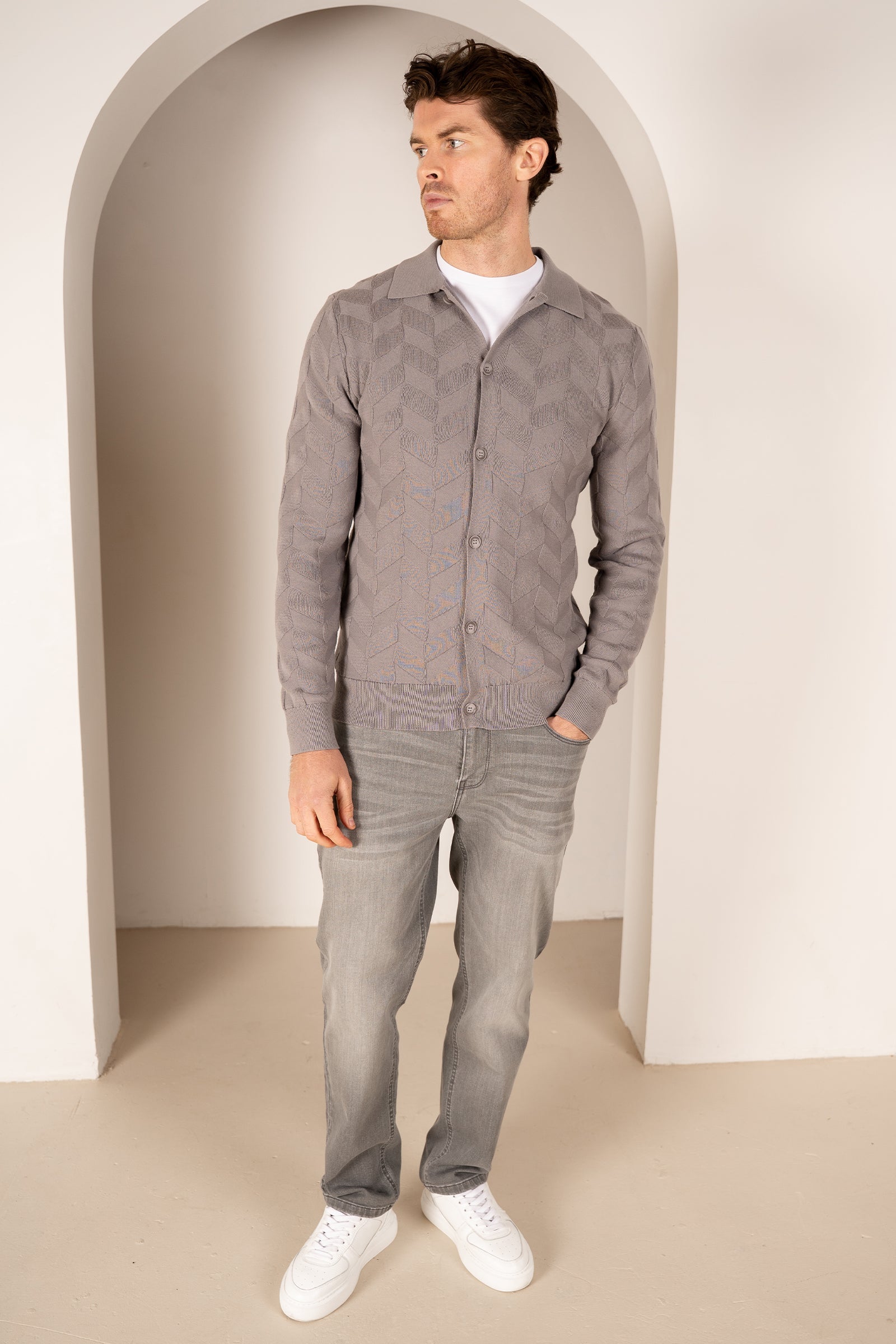 Textured Pattern Button Up Cardgian - Light Grey | Xtralitty