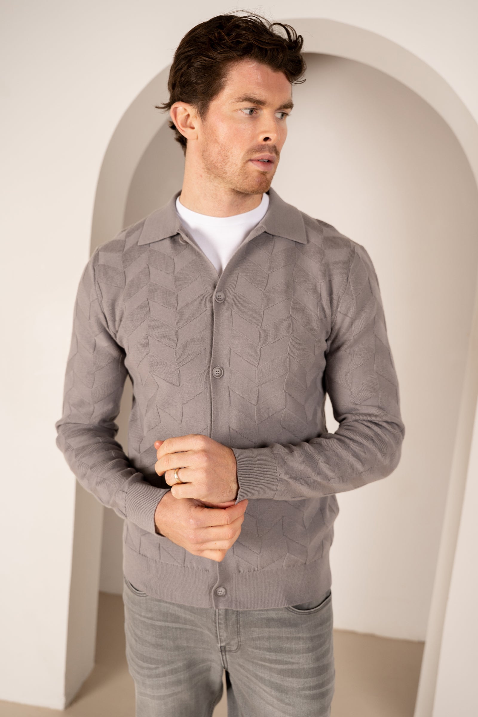 Textured Pattern Button Up Cardgian - Light Grey | Xtralitty