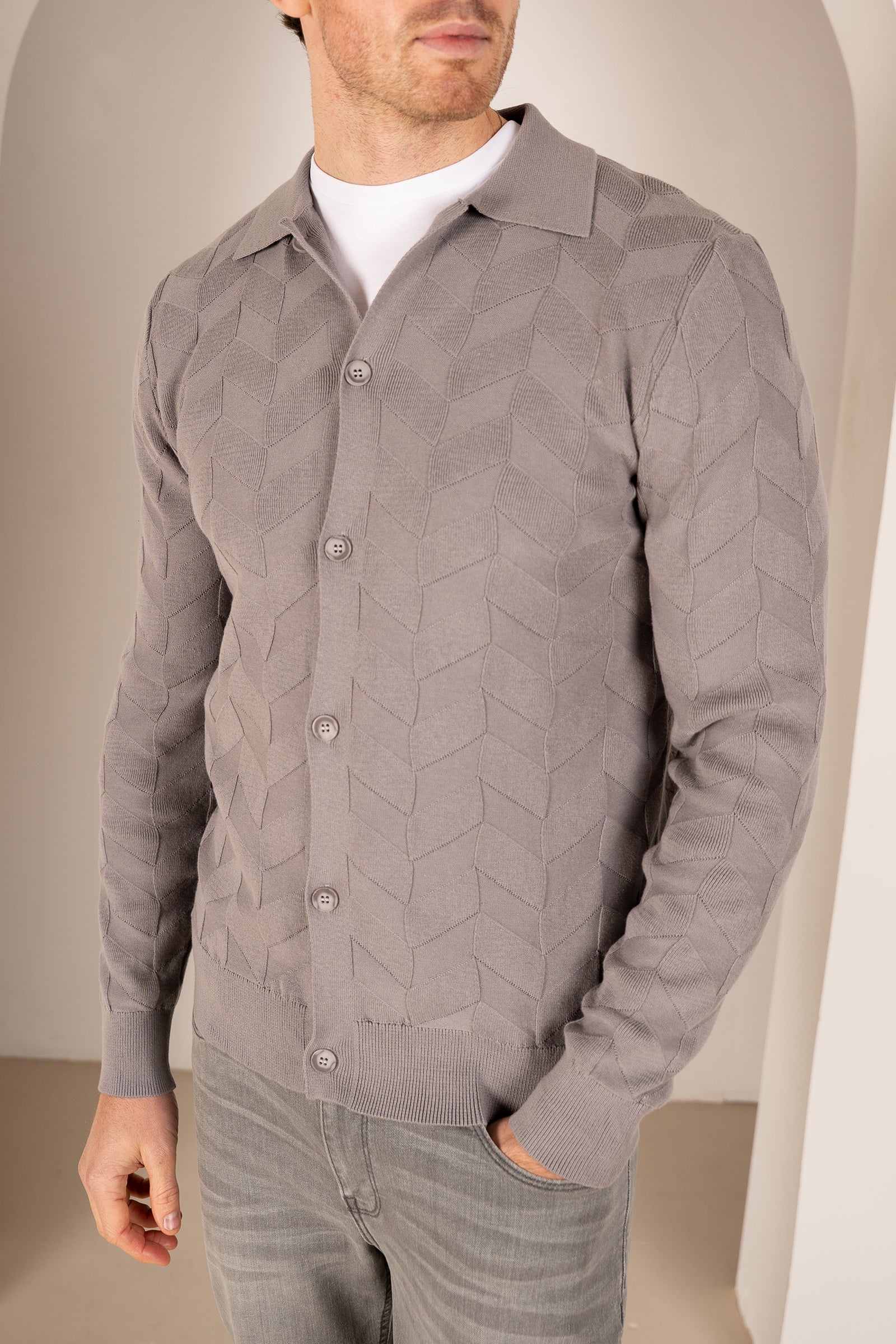 Textured Pattern Button Up Cardgian - Light Grey | Xtralitty