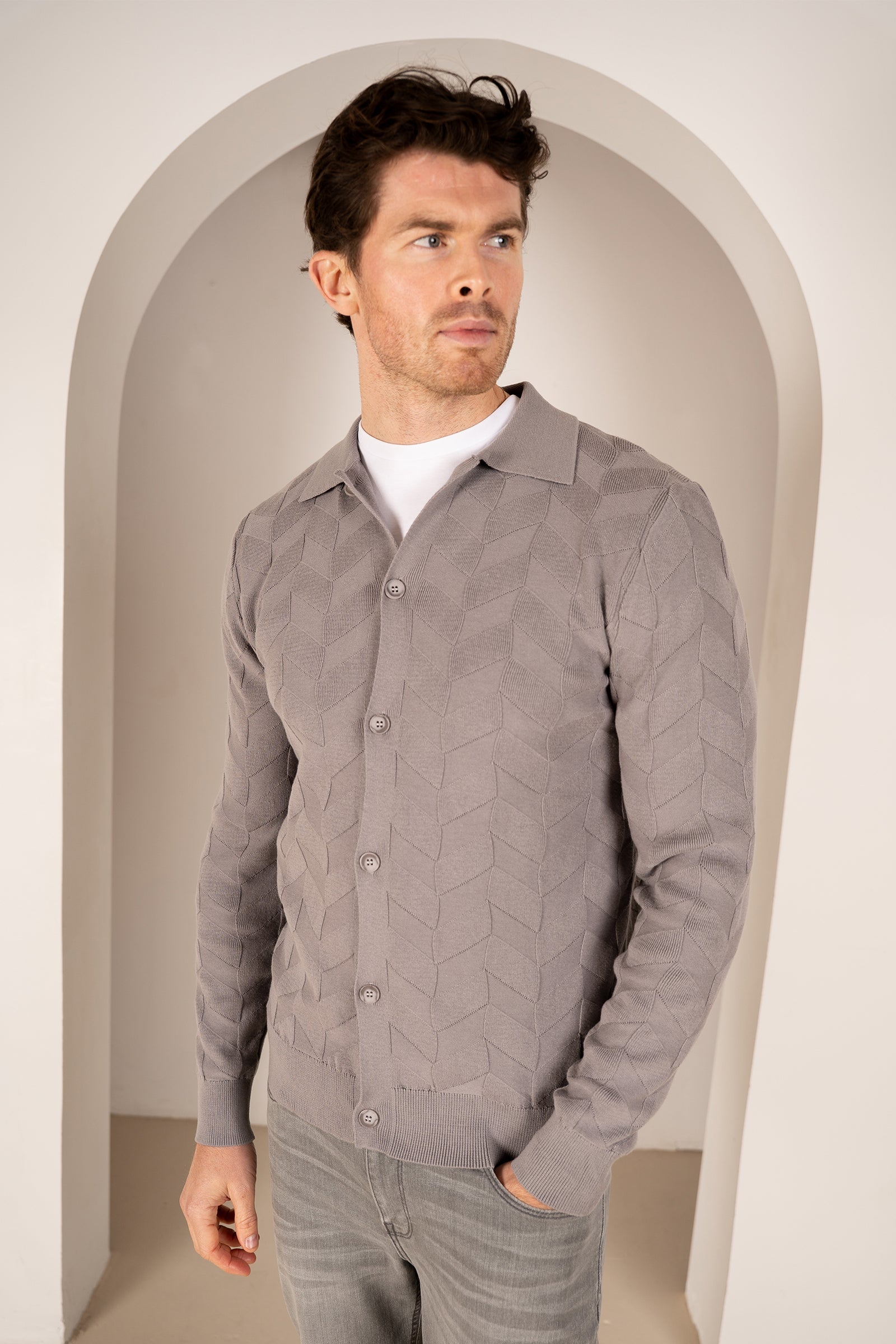 Textured Pattern Button Up Cardgian - Light Grey | Xtralitty