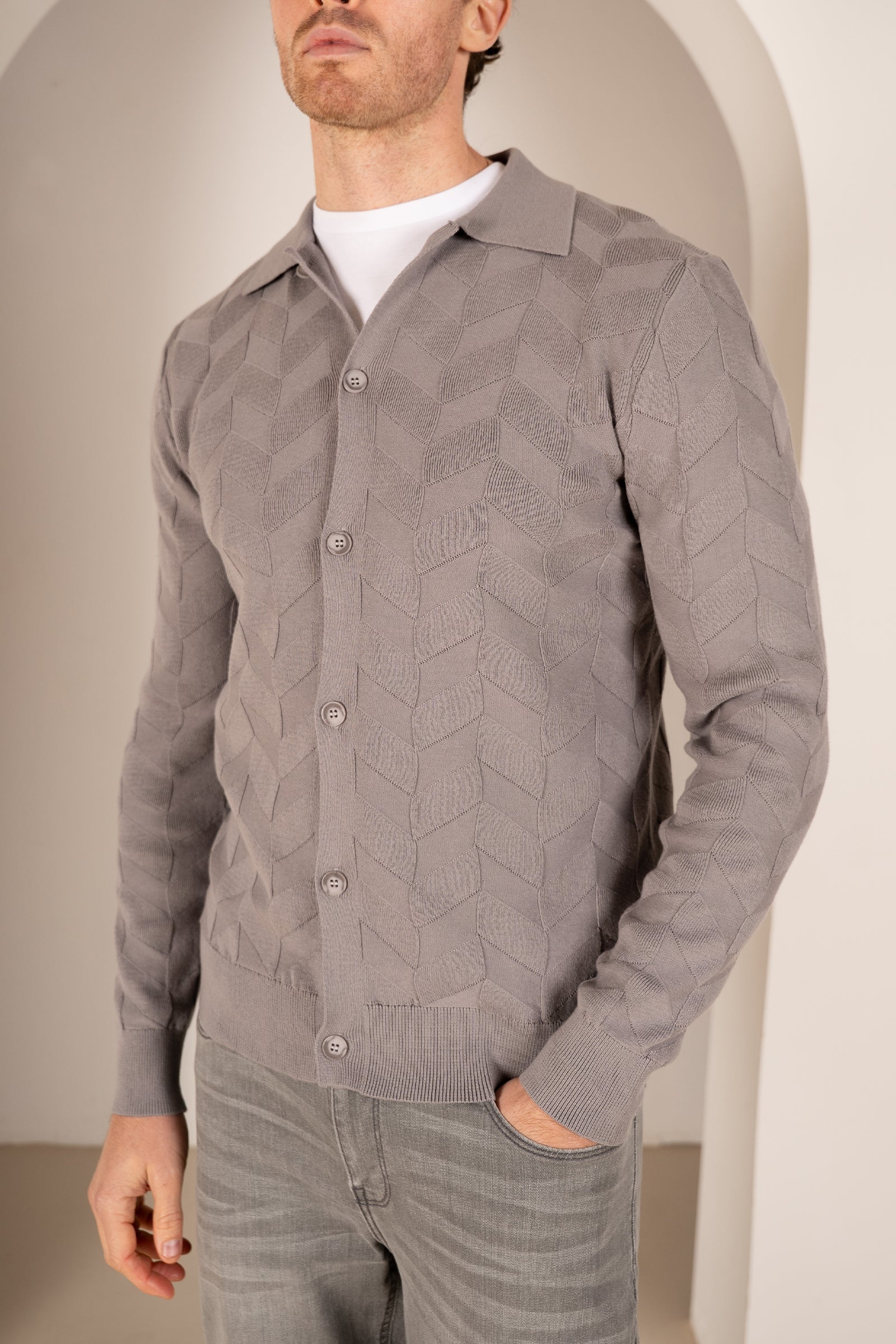Textured Pattern Button Up Cardgian - Light Grey | Xtralitty