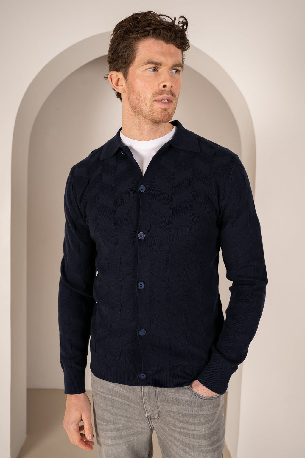 Textured Pattern Button Up Cardgian - Navy | Xtralitty