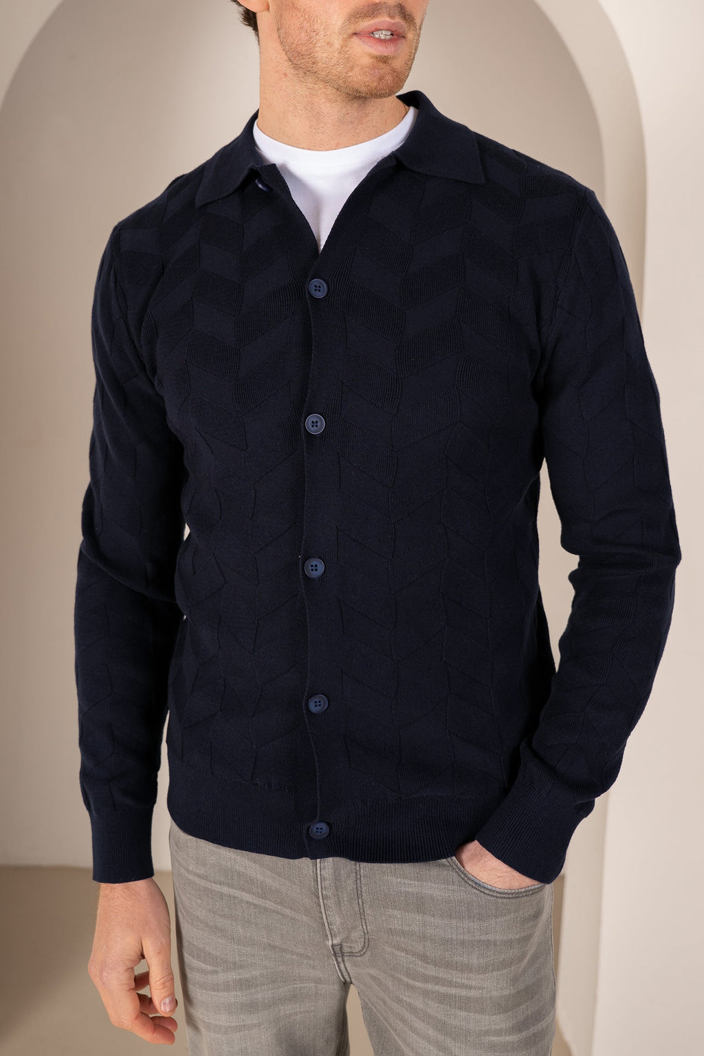 Textured Pattern Button Up Cardgian - Navy | Xtralitty