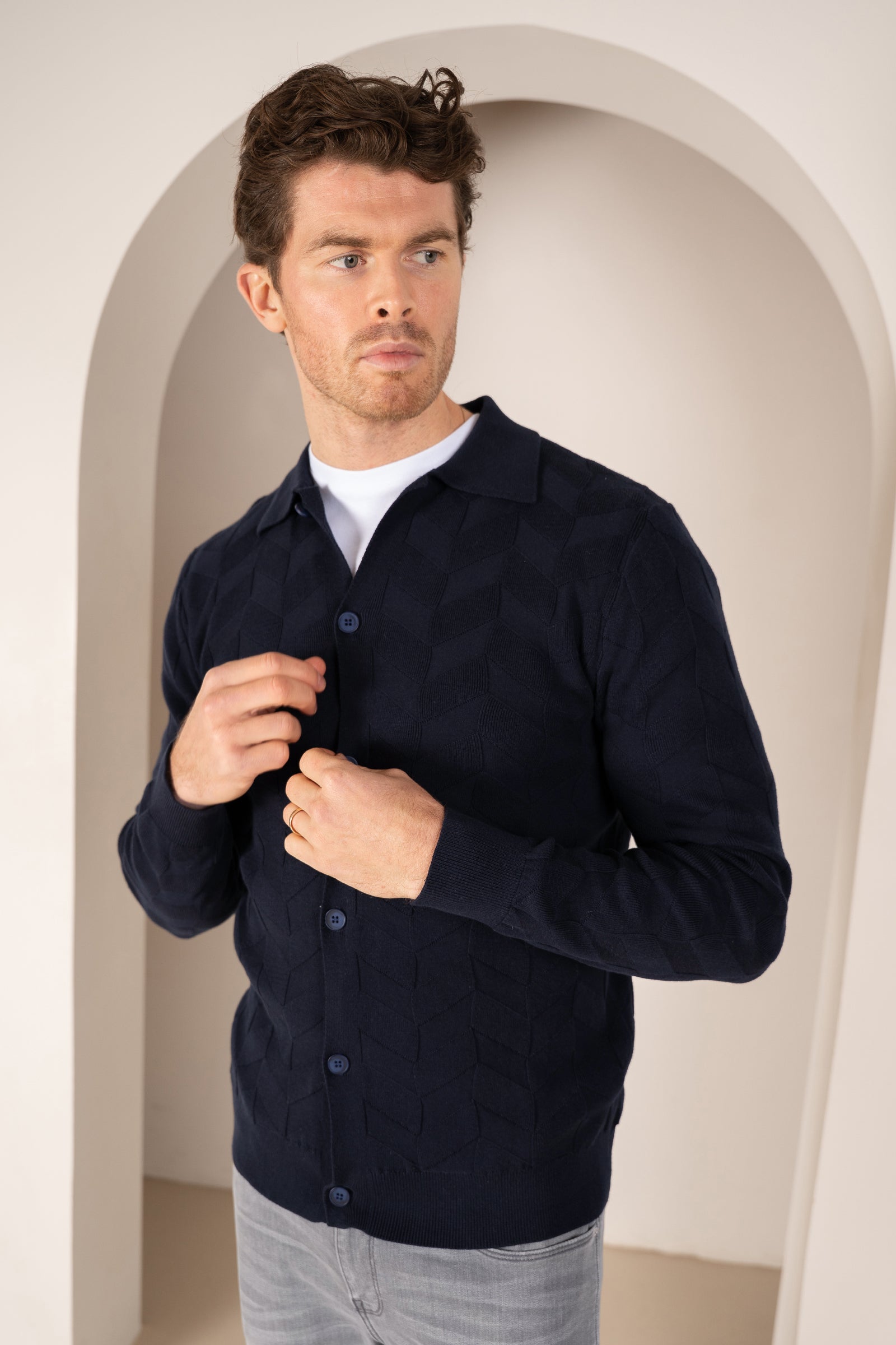 Textured Pattern Button Up Cardgian - Navy | Xtralitty