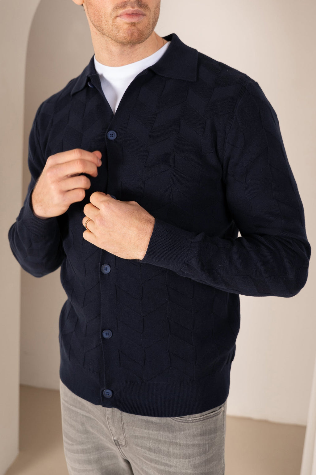 Textured Pattern Button Up Cardgian - Navy | Xtralitty