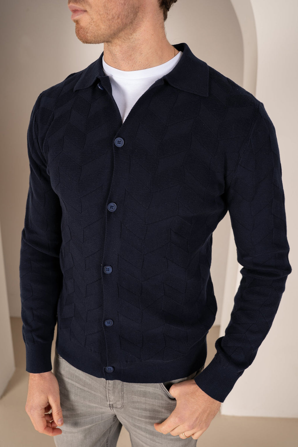 Textured Pattern Button Up Cardgian - Navy | Xtralitty