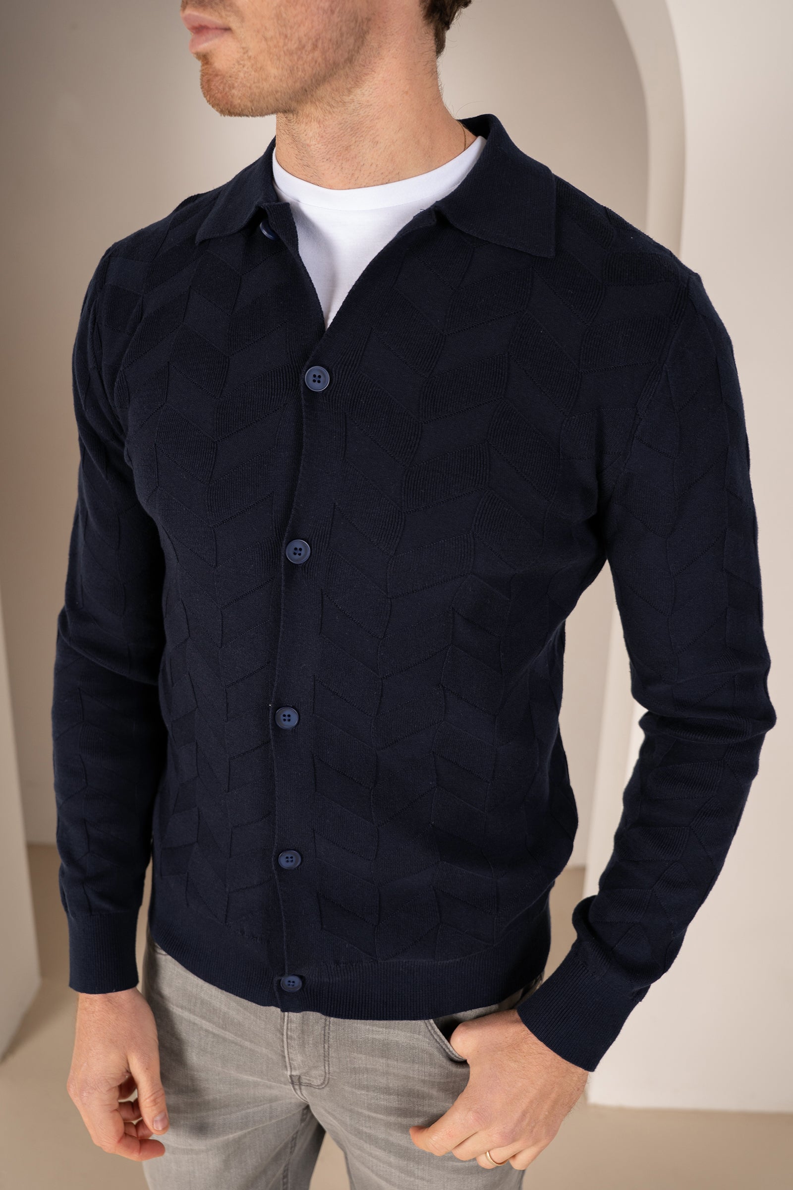 Textured Pattern Button Up Cardgian - Navy | Xtralitty