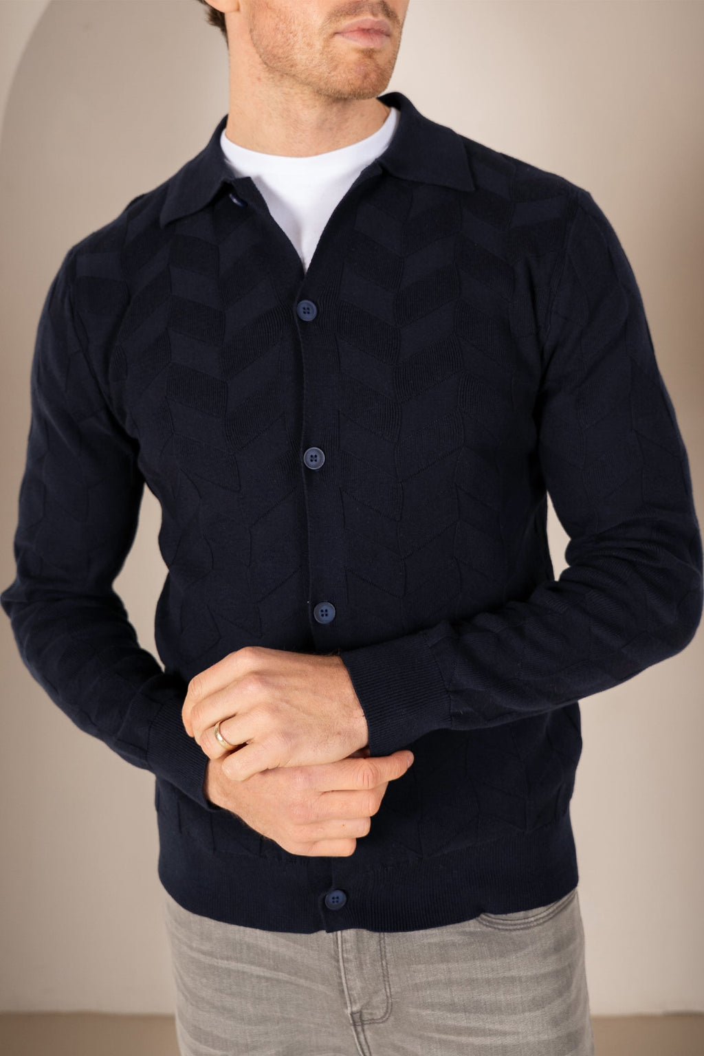 Textured Pattern Button Up Cardgian - Navy | Xtralitty