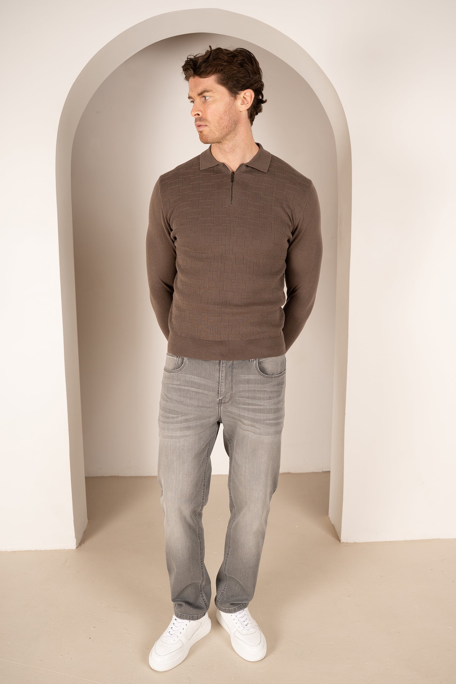 Geometric Long Sleeve Polo - Khaki | Xtralitty