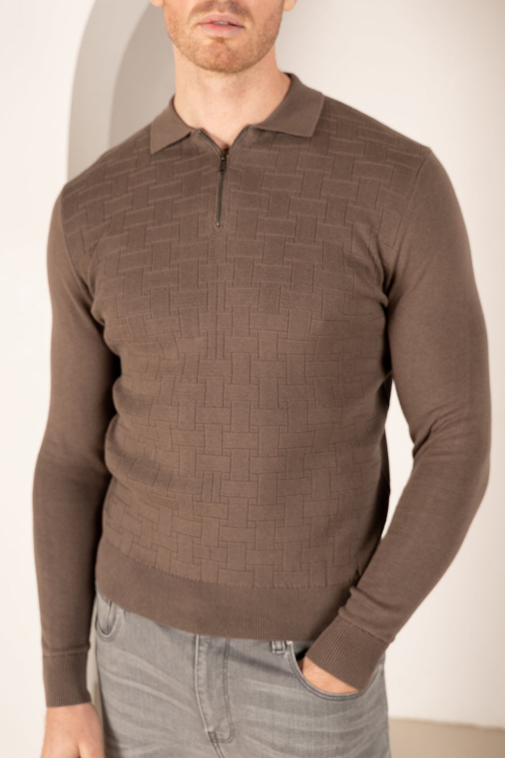 Geometric Long Sleeve Polo - Khaki | Xtralitty