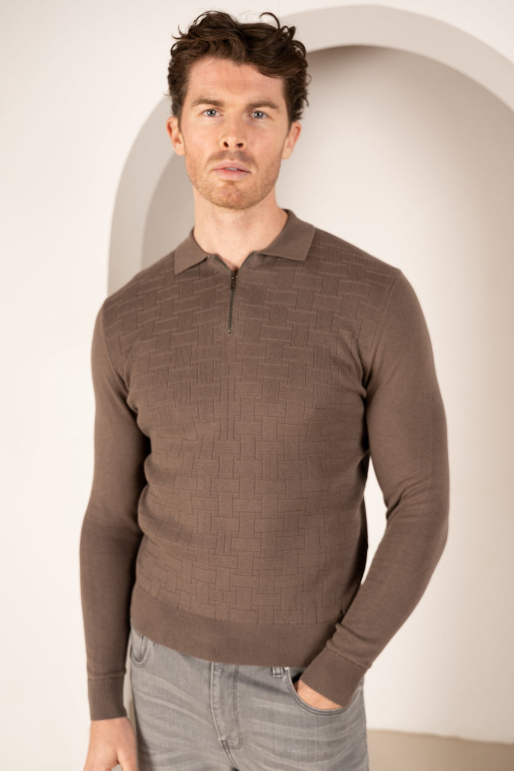 Geometric Long Sleeve Polo - Khaki | Xtralitty