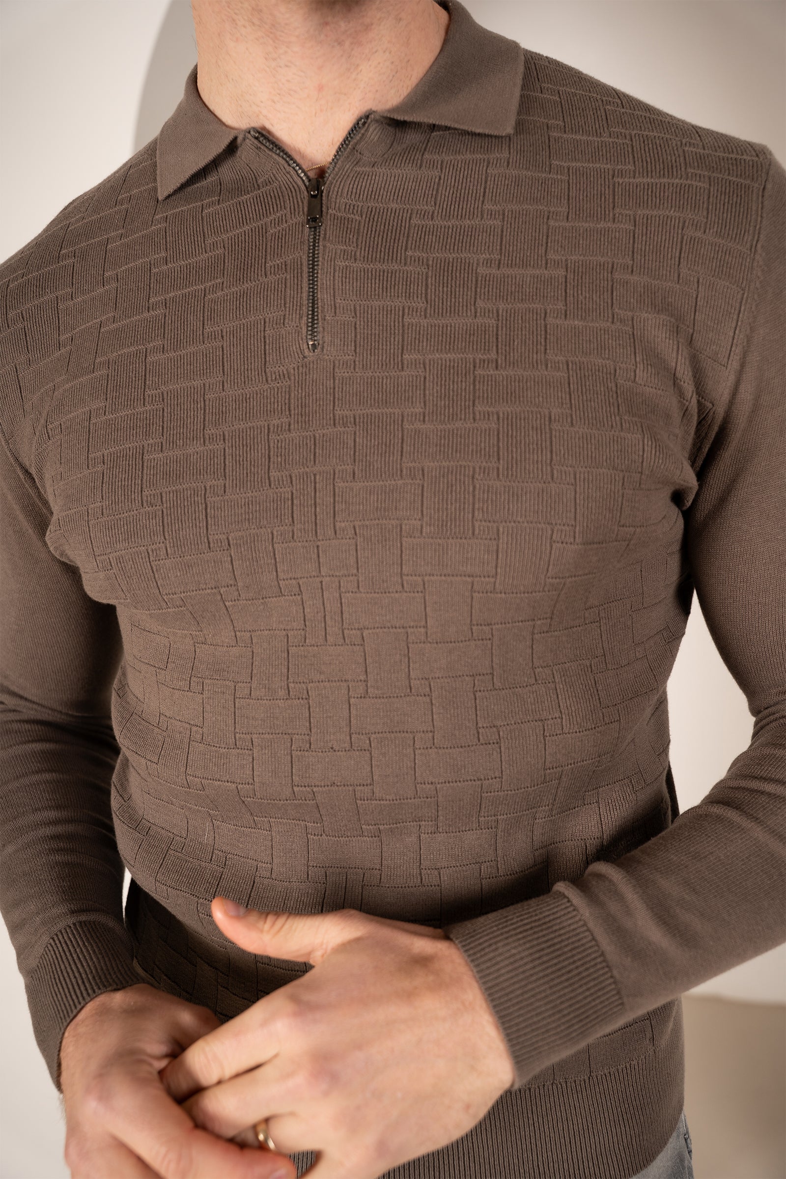 Geometric Long Sleeve Polo - Khaki | Xtralitty