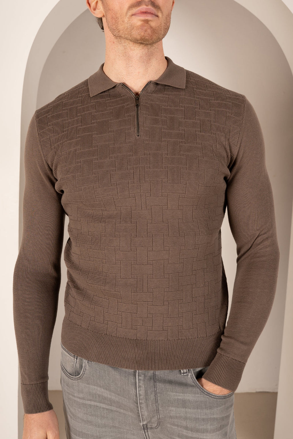 Geometric Long Sleeve Polo - Khaki | Xtralitty