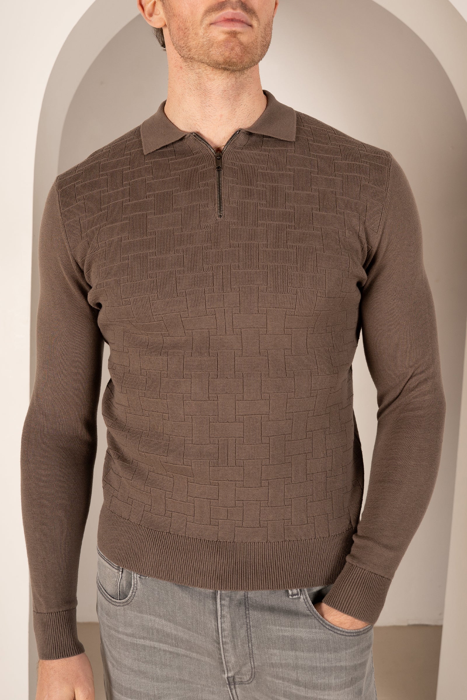 Geometric Long Sleeve Polo - Khaki | Xtralitty
