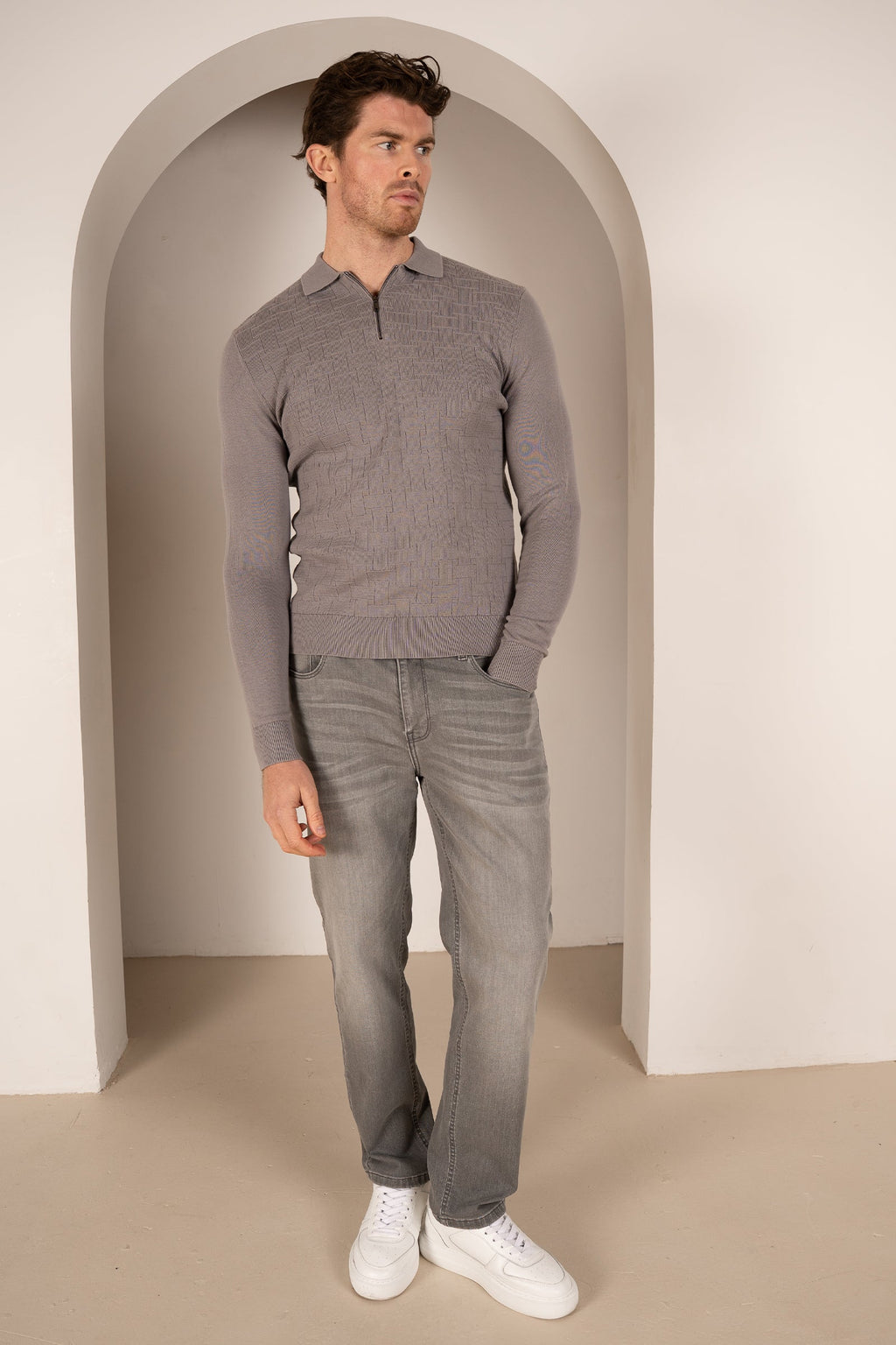 Geometric Long Sleeve Polo - Light Grey | Xtralitty