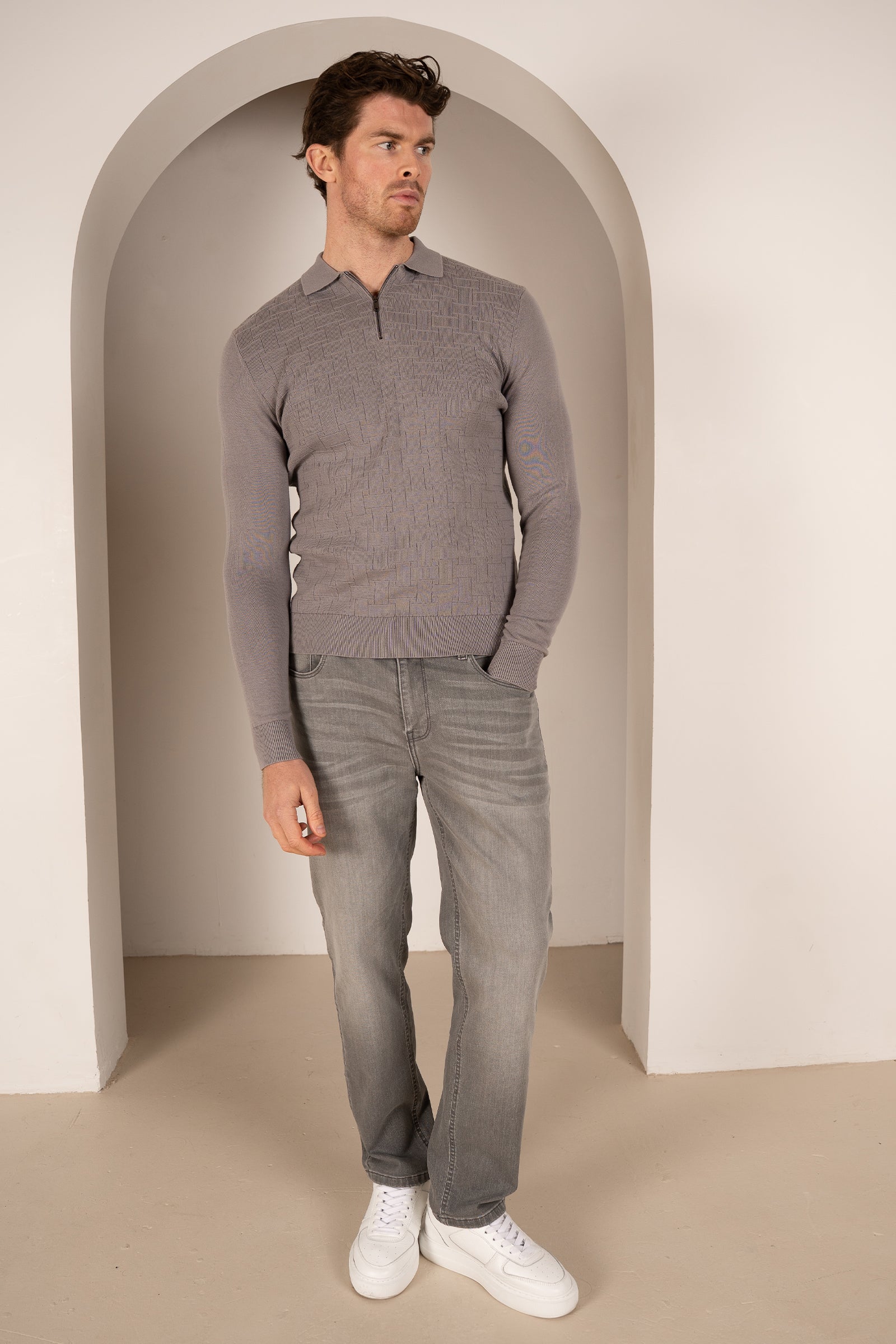 Geometric Long Sleeve Polo - Light Grey | Xtralitty