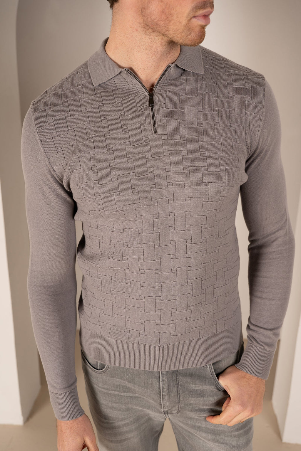 Geometric Long Sleeve Polo - Light Grey | Xtralitty