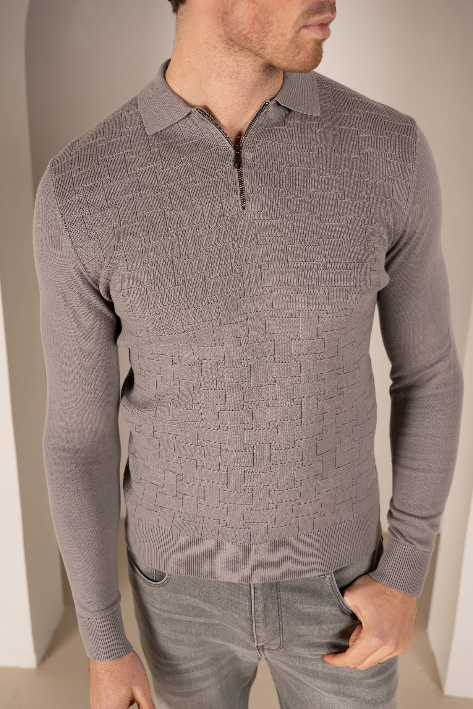 Geometric Long Sleeve Polo - Light Grey | Xtralitty