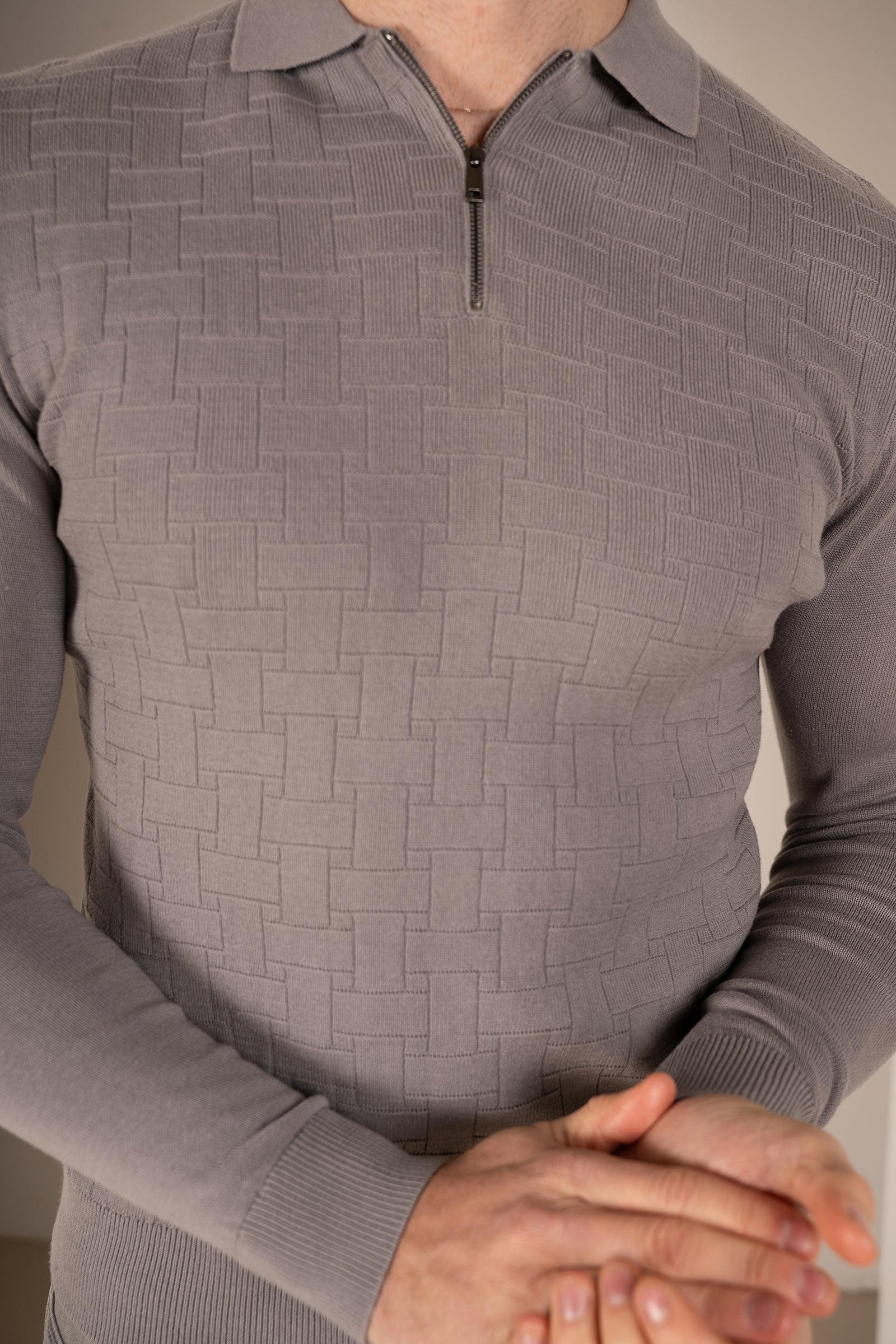 Geometric Long Sleeve Polo - Light Grey | Xtralitty