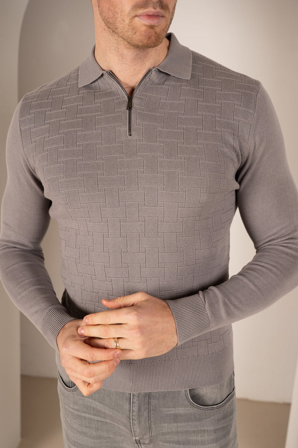 Geometric Long Sleeve Polo - Light Grey | Xtralitty