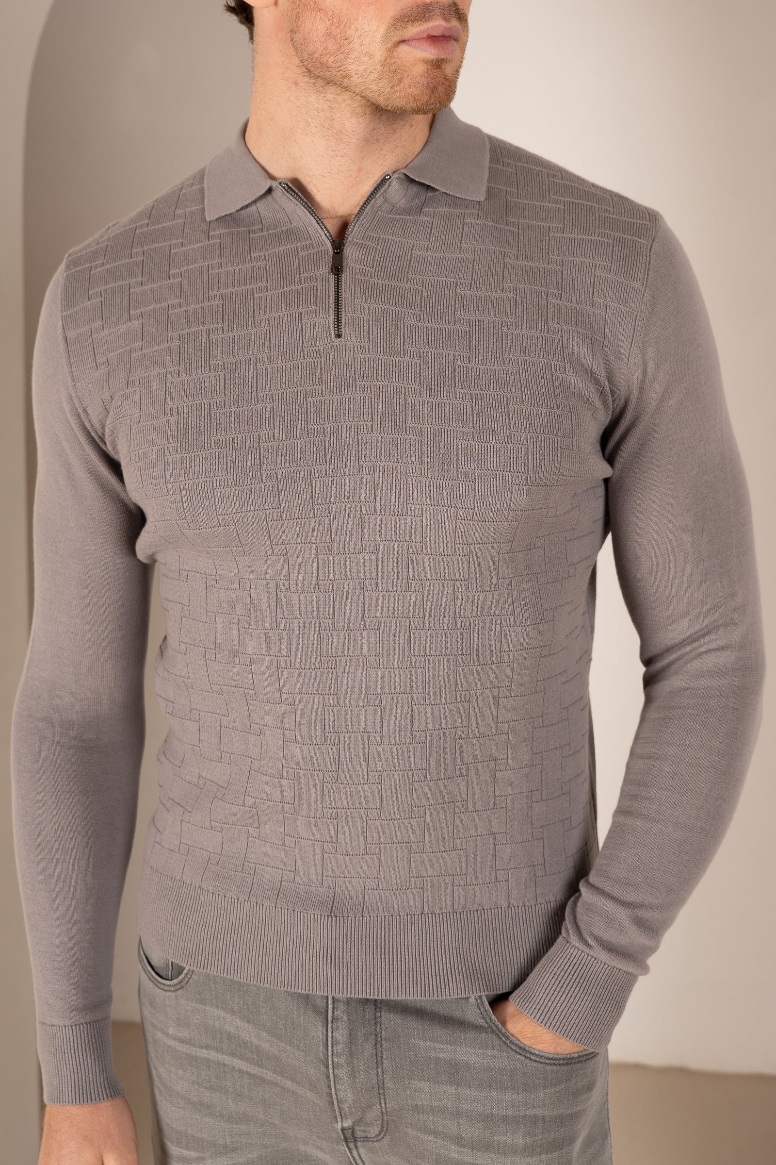 Geometric Long Sleeve Polo - Light Grey | Xtralitty