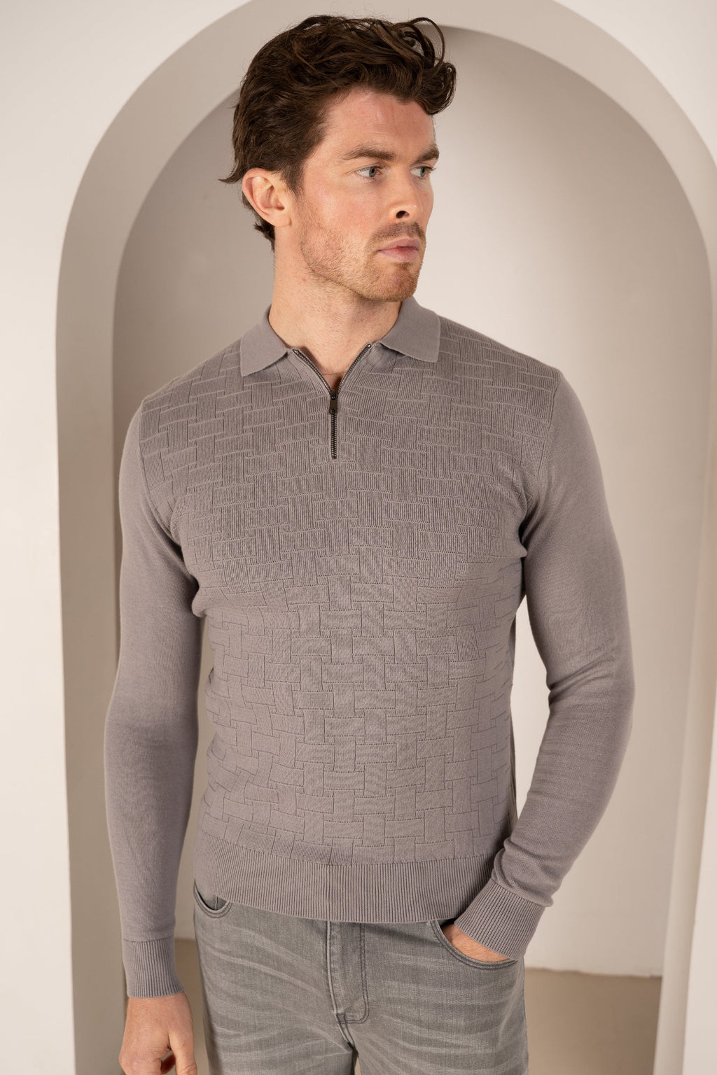 Geometric Long Sleeve Polo - Light Grey | Xtralitty