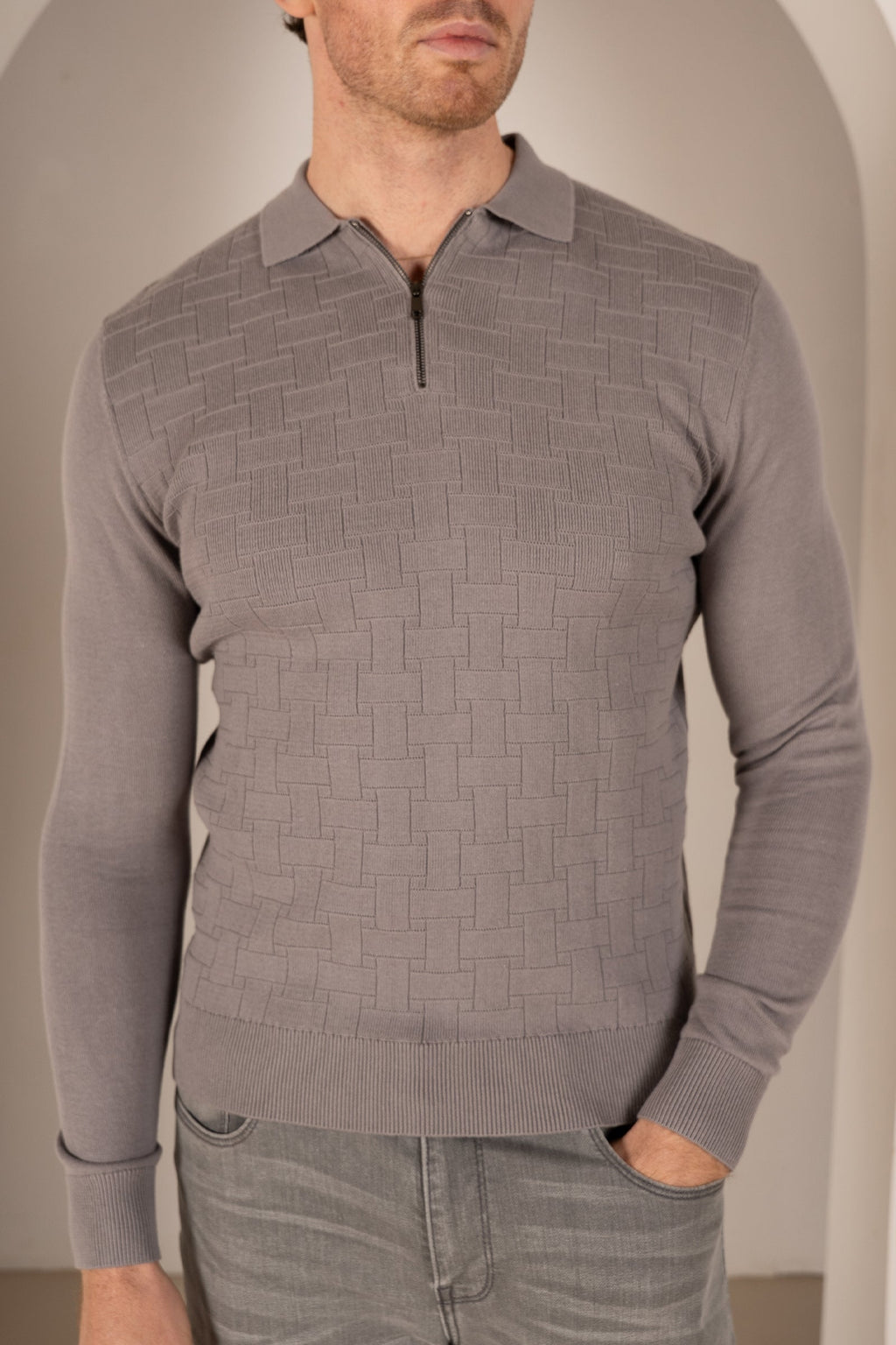 Geometric Long Sleeve Polo - Light Grey | Xtralitty