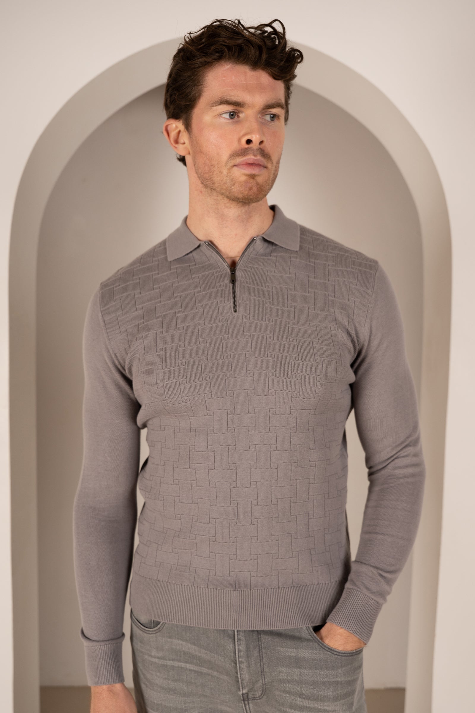 Geometric Long Sleeve Polo - Light Grey | Xtralitty
