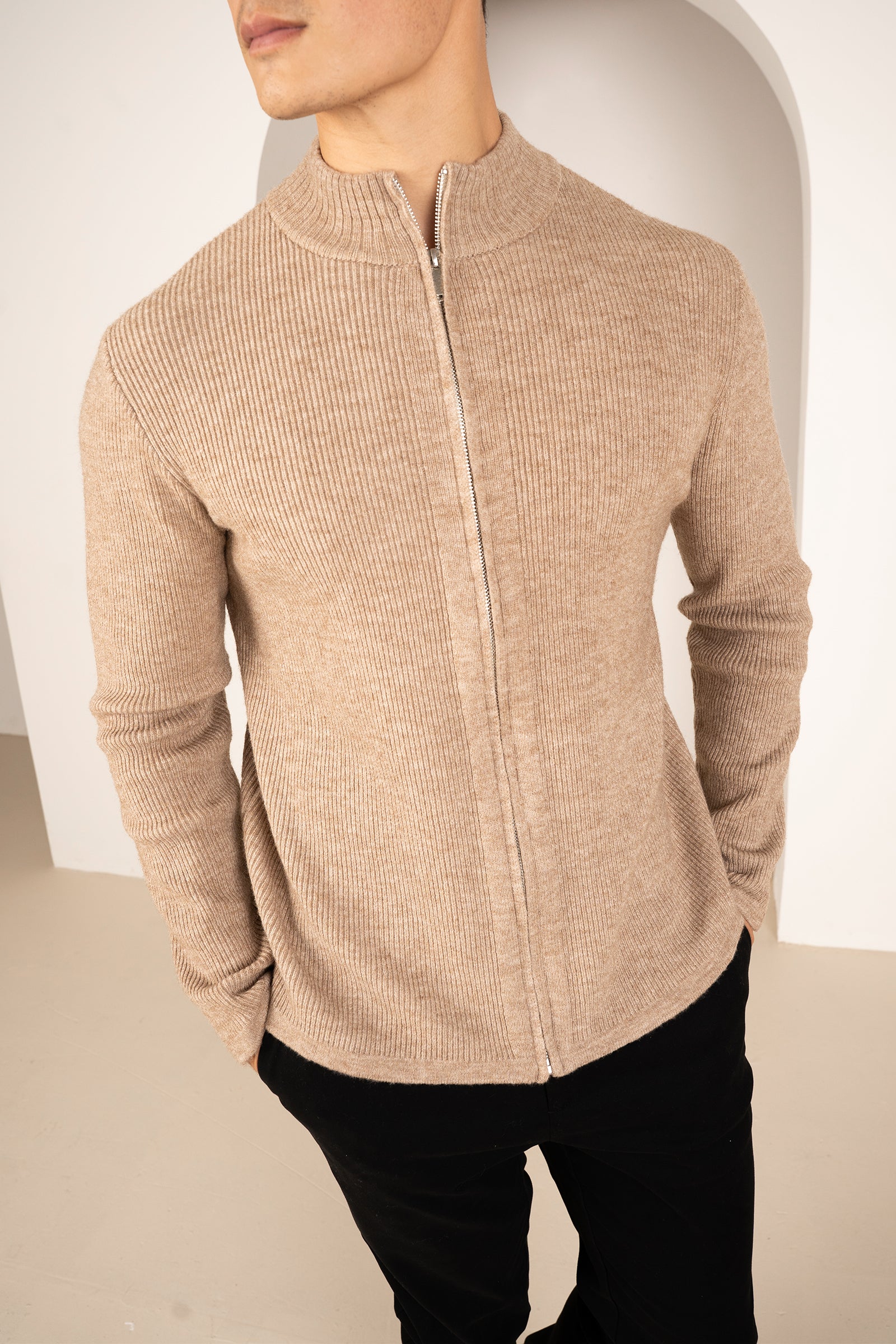 Ribbed Zip-up Cardigan - Oatmeal | Xtralitty