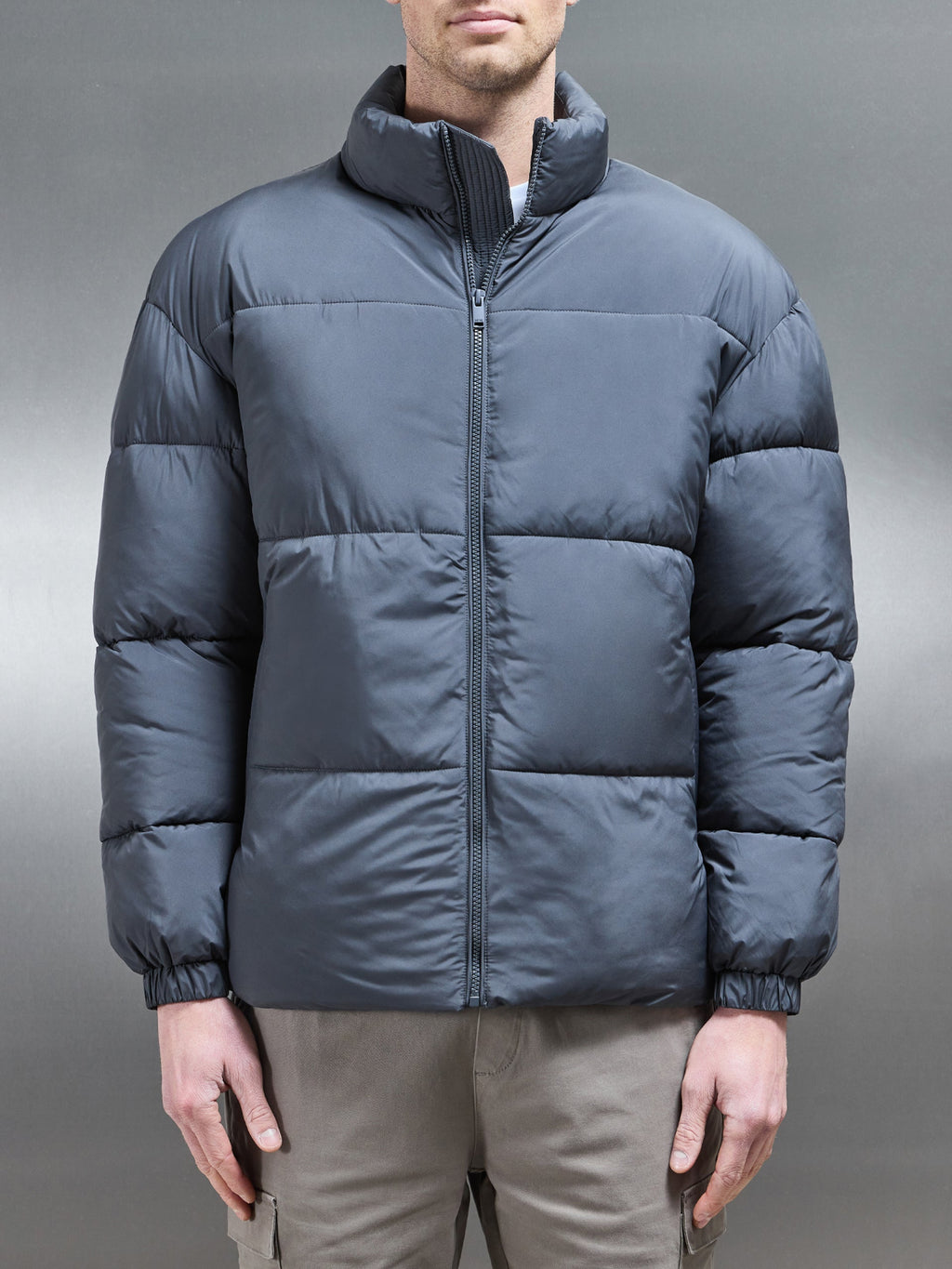 Relaxed Funnel Neck Puffer Jacket in Grey by Xtralitty — Apparel premium streetwear
