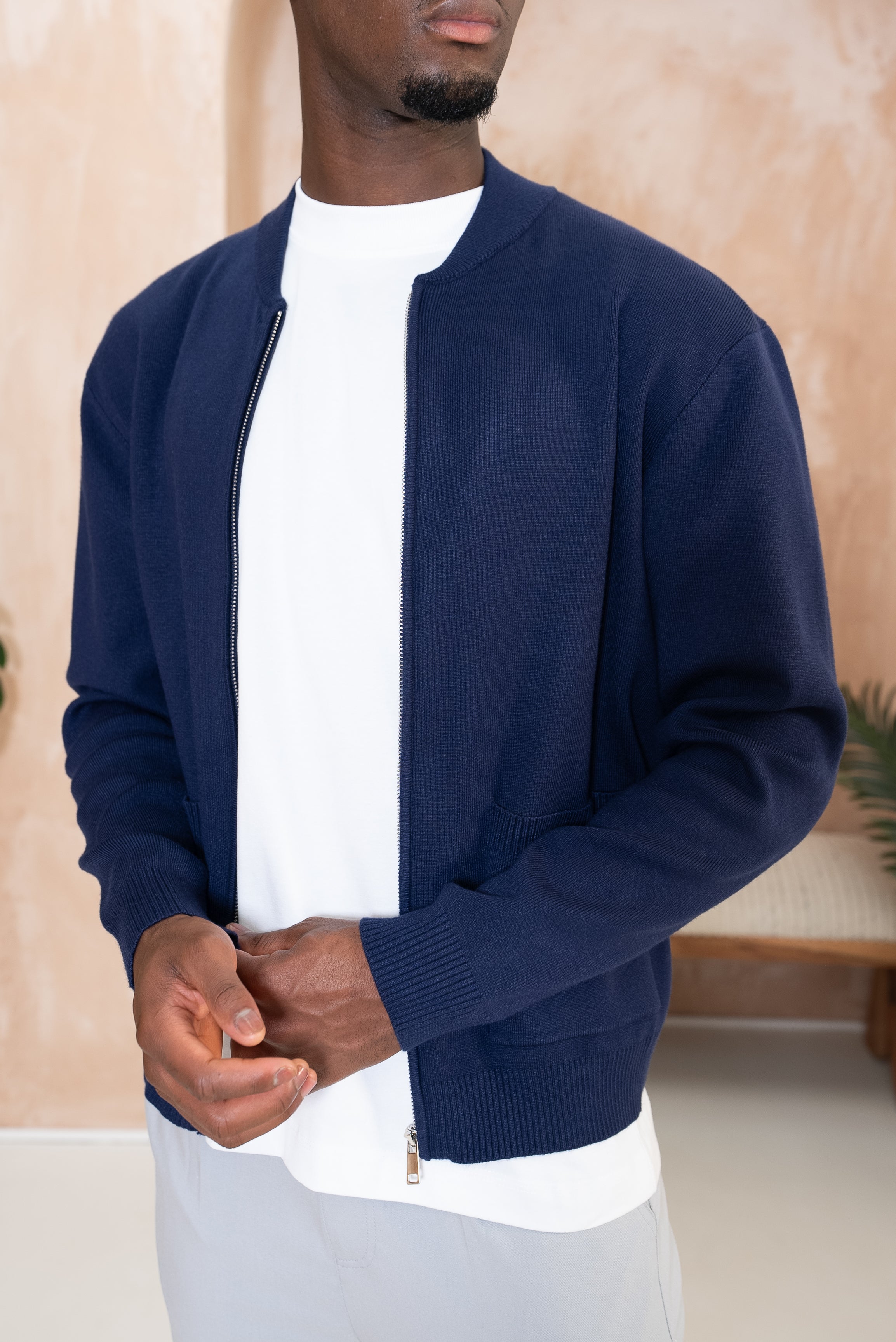 Knitted Zip Up Bomber Jacket - Navy | Xtralitty