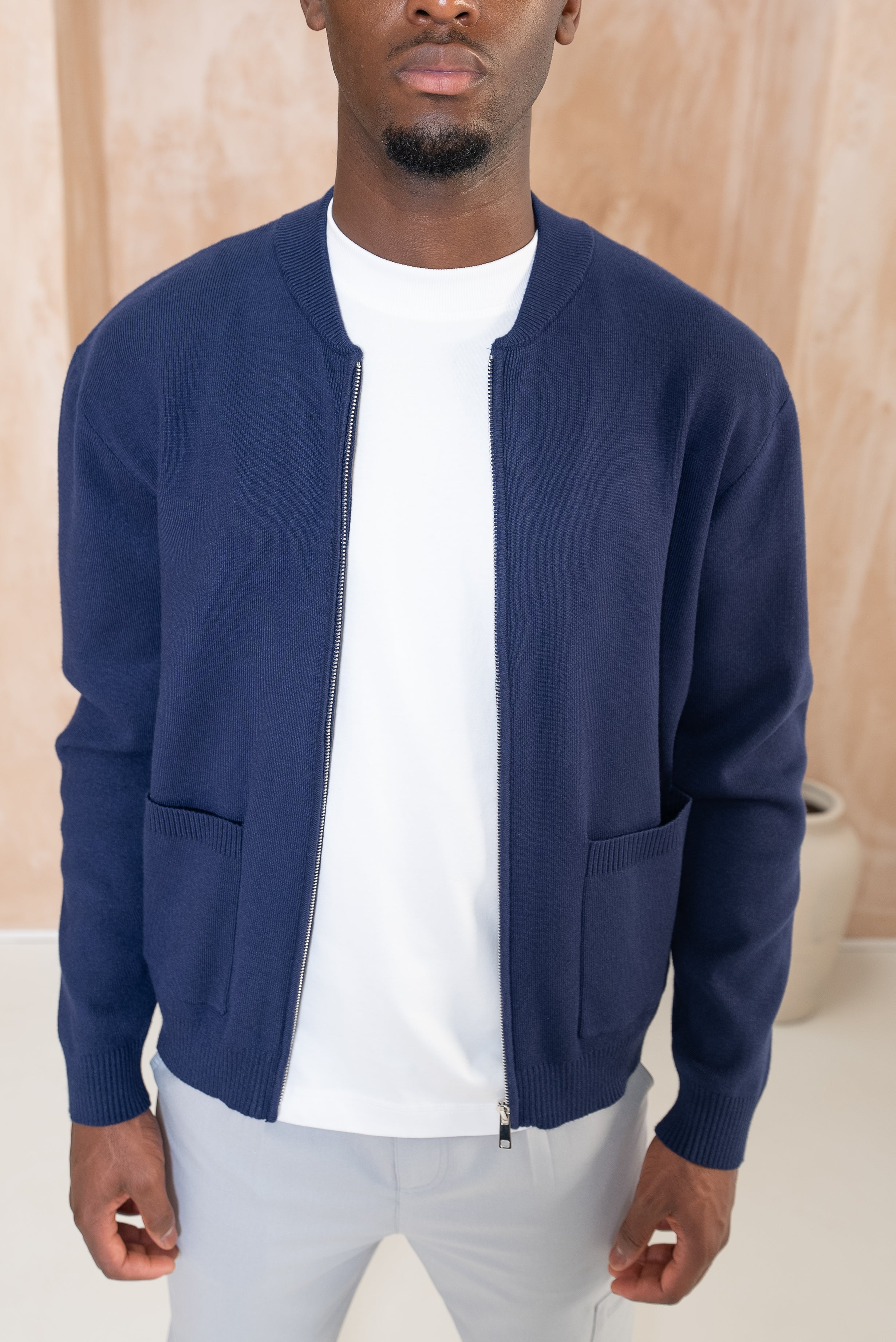 Knitted Zip Up Bomber Jacket - Navy | Xtralitty