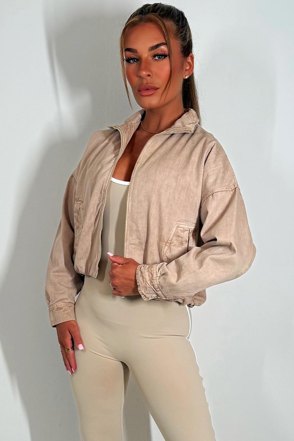 Crop Bomber Jacket Beige Acid Wash | Xtralitty