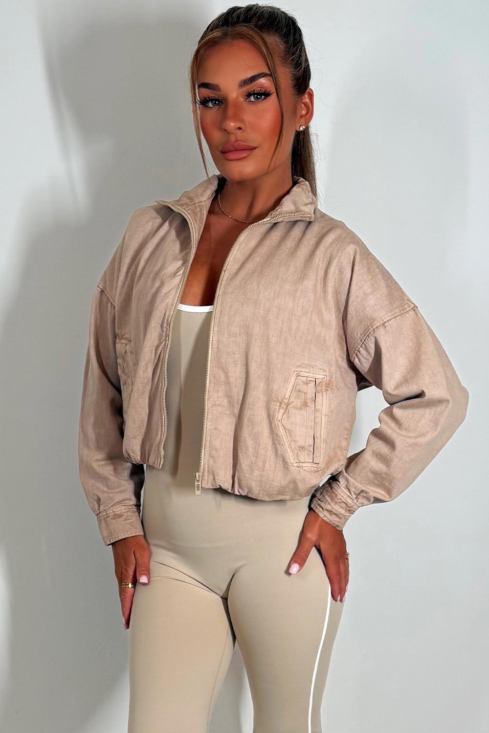 Crop Bomber Jacket Beige Acid Wash | Xtralitty