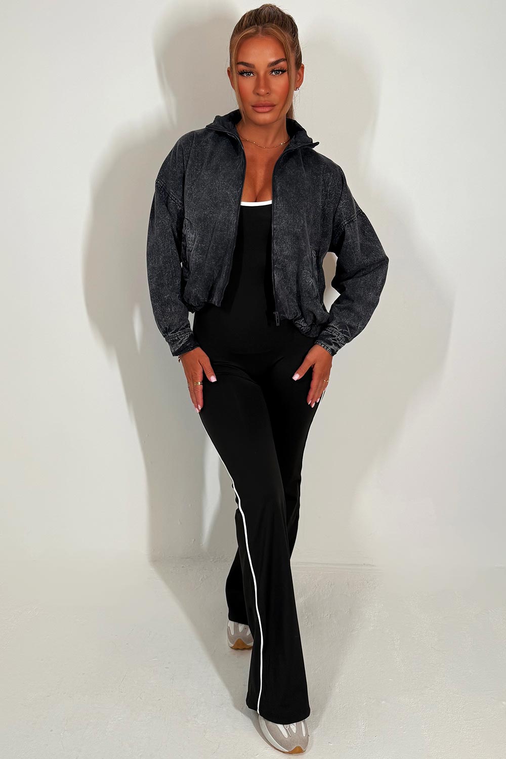 Crop Bomber Jacket Charcoal Acid Wash | Xtralitty