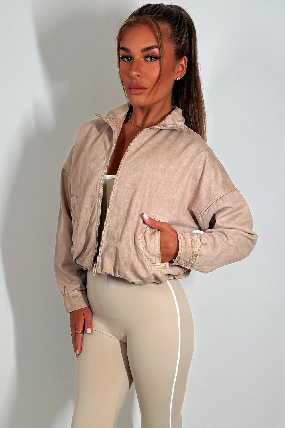 Crop Bomber Jacket Beige Acid Wash | Xtralitty