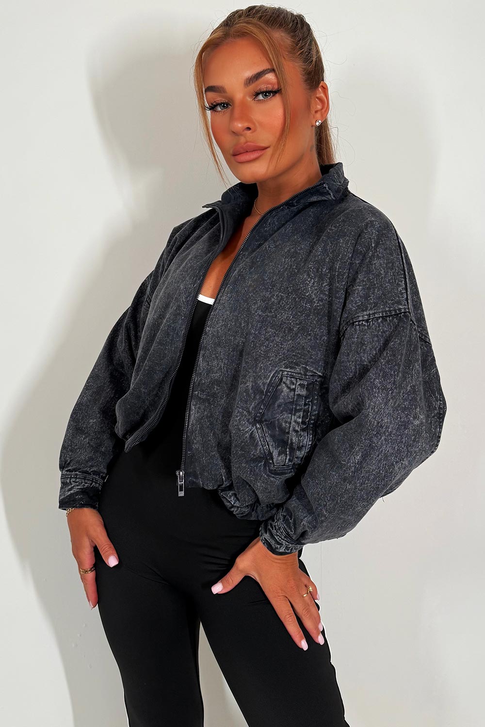 Crop Bomber Jacket Charcoal Acid Wash | Xtralitty