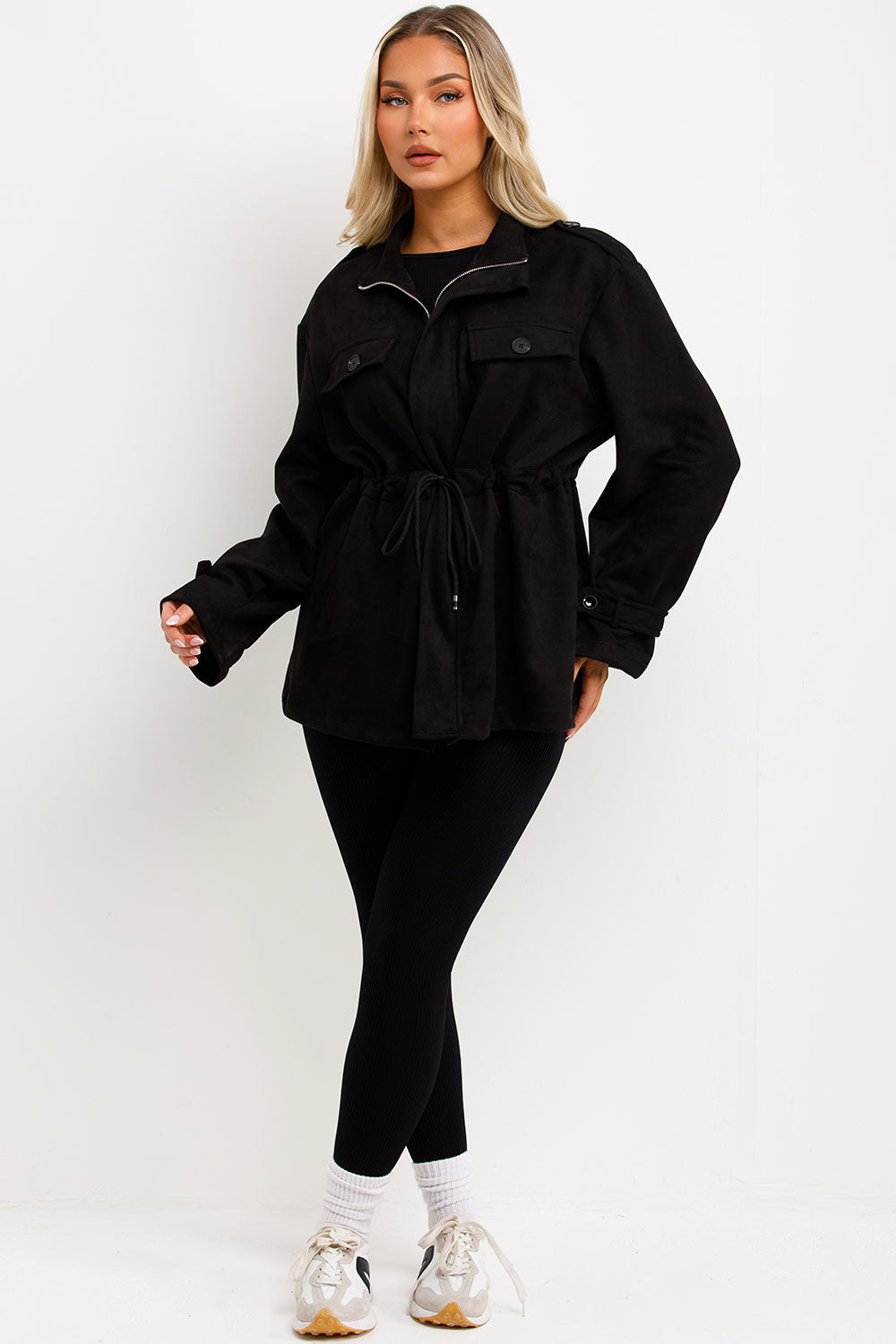 Faux Suede Jacket with Drawstring Waist Black | Xtralitty
