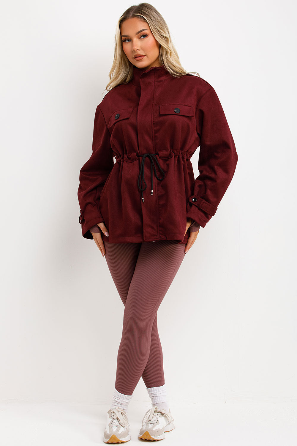 Faux Suede Jacket with Drawstring Waist Burgundy | Xtralitty