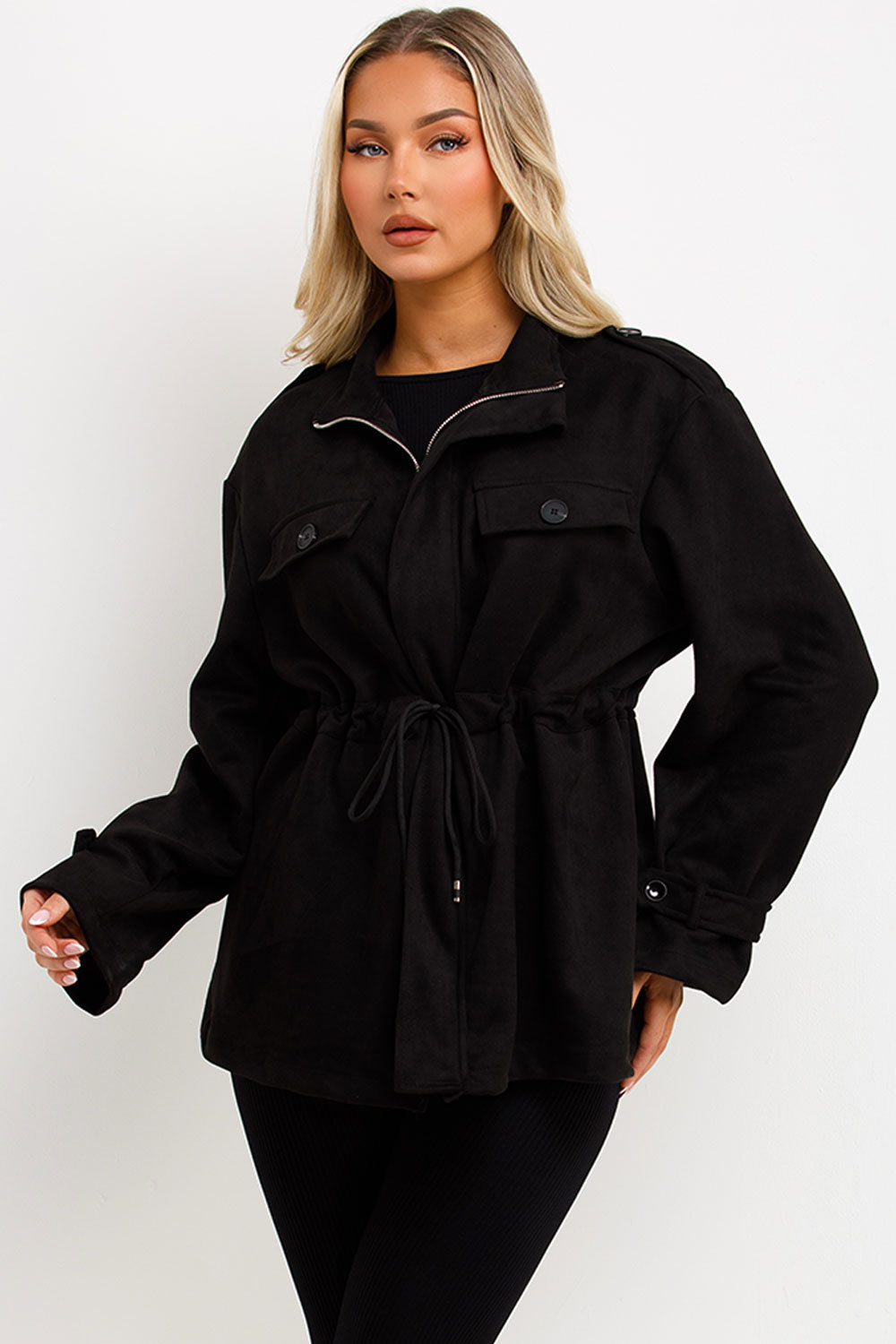Faux Suede Jacket with Drawstring Waist Black | Xtralitty