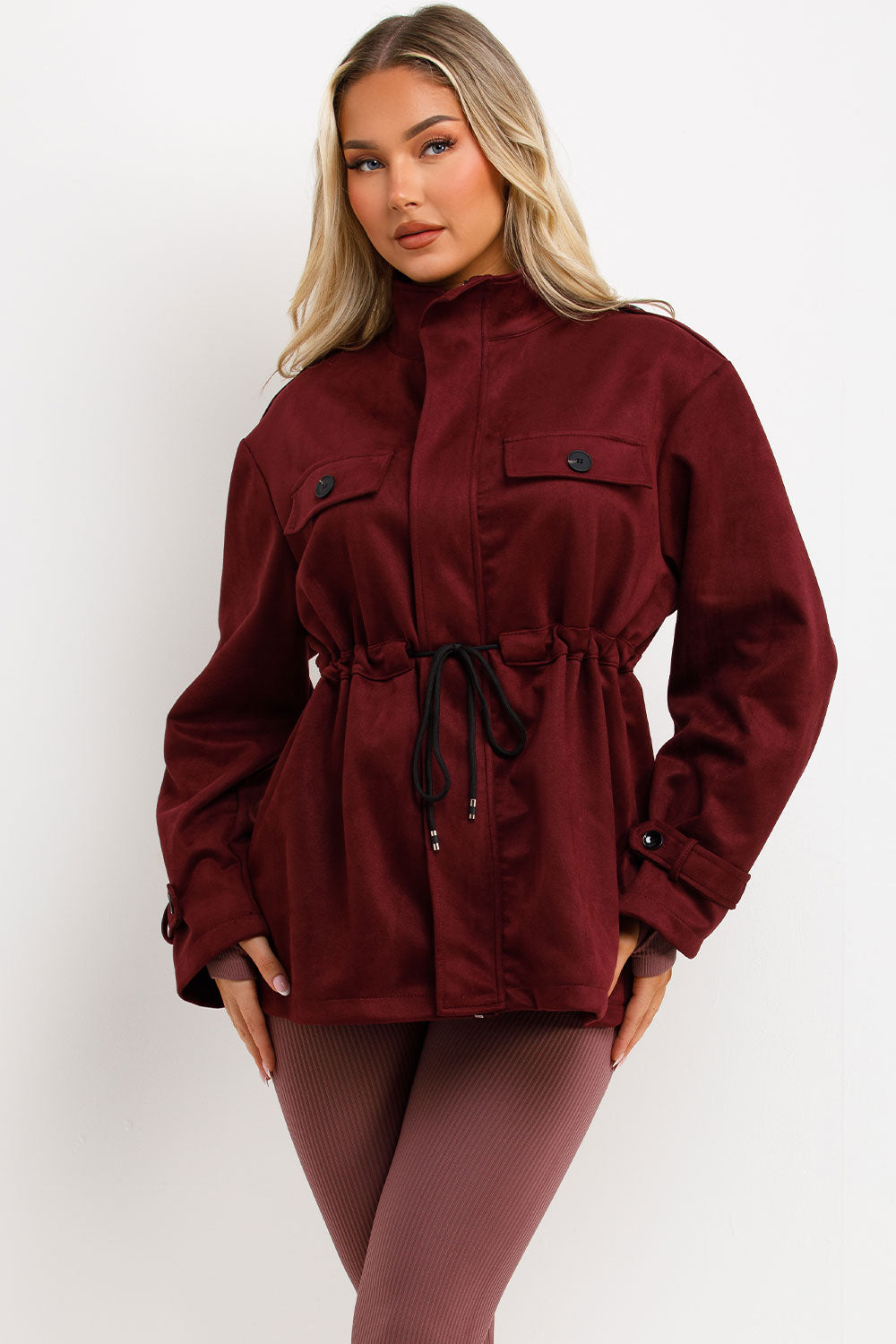 Faux Suede Jacket with Drawstring Waist Burgundy | Xtralitty