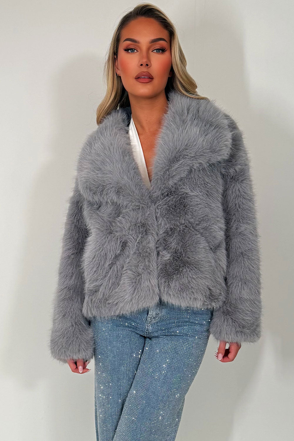 Faux Fur Jacket Collared Grey | Xtralitty