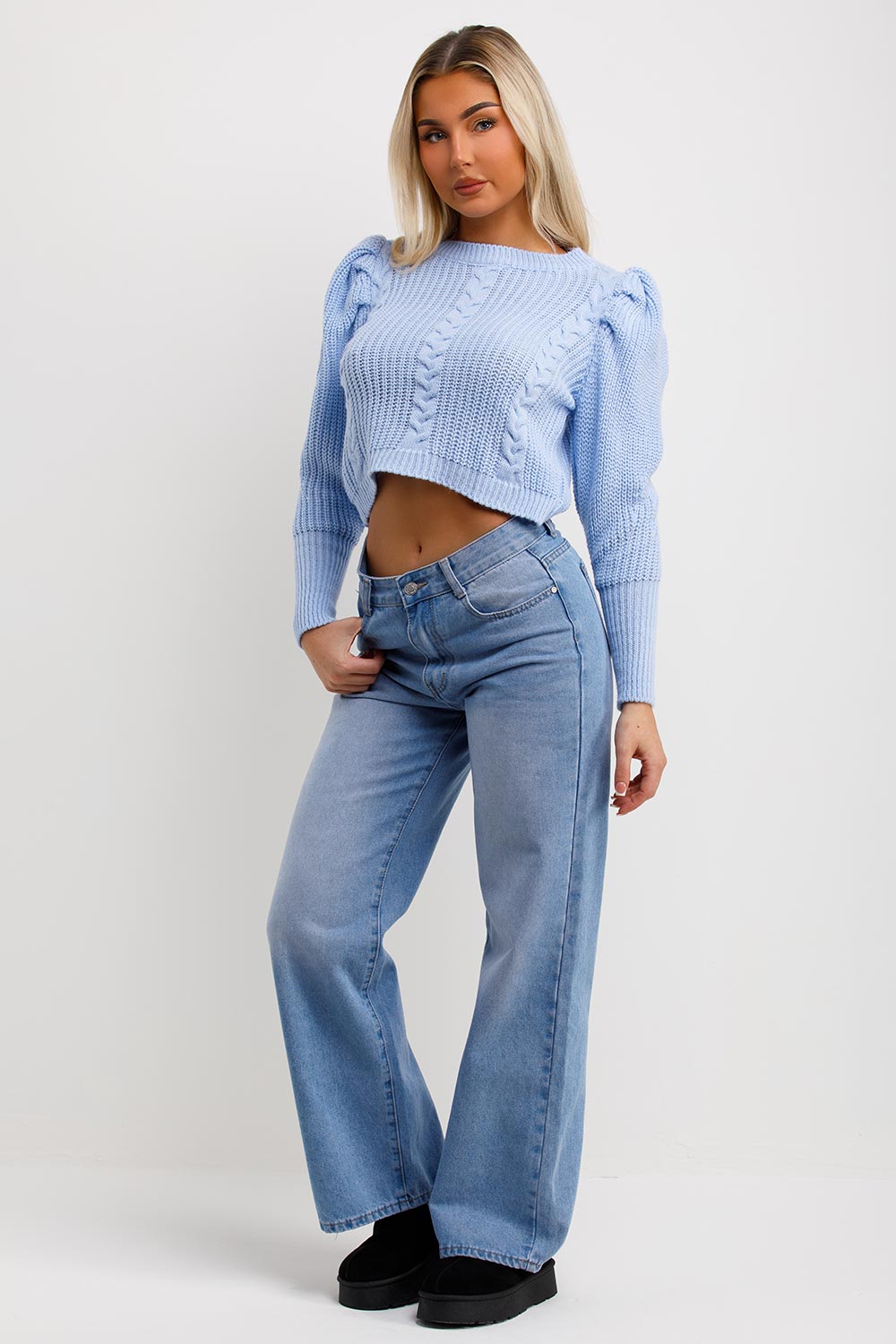 Knitted Jumper with Puff Sleeves Sky Blue | Xtralitty