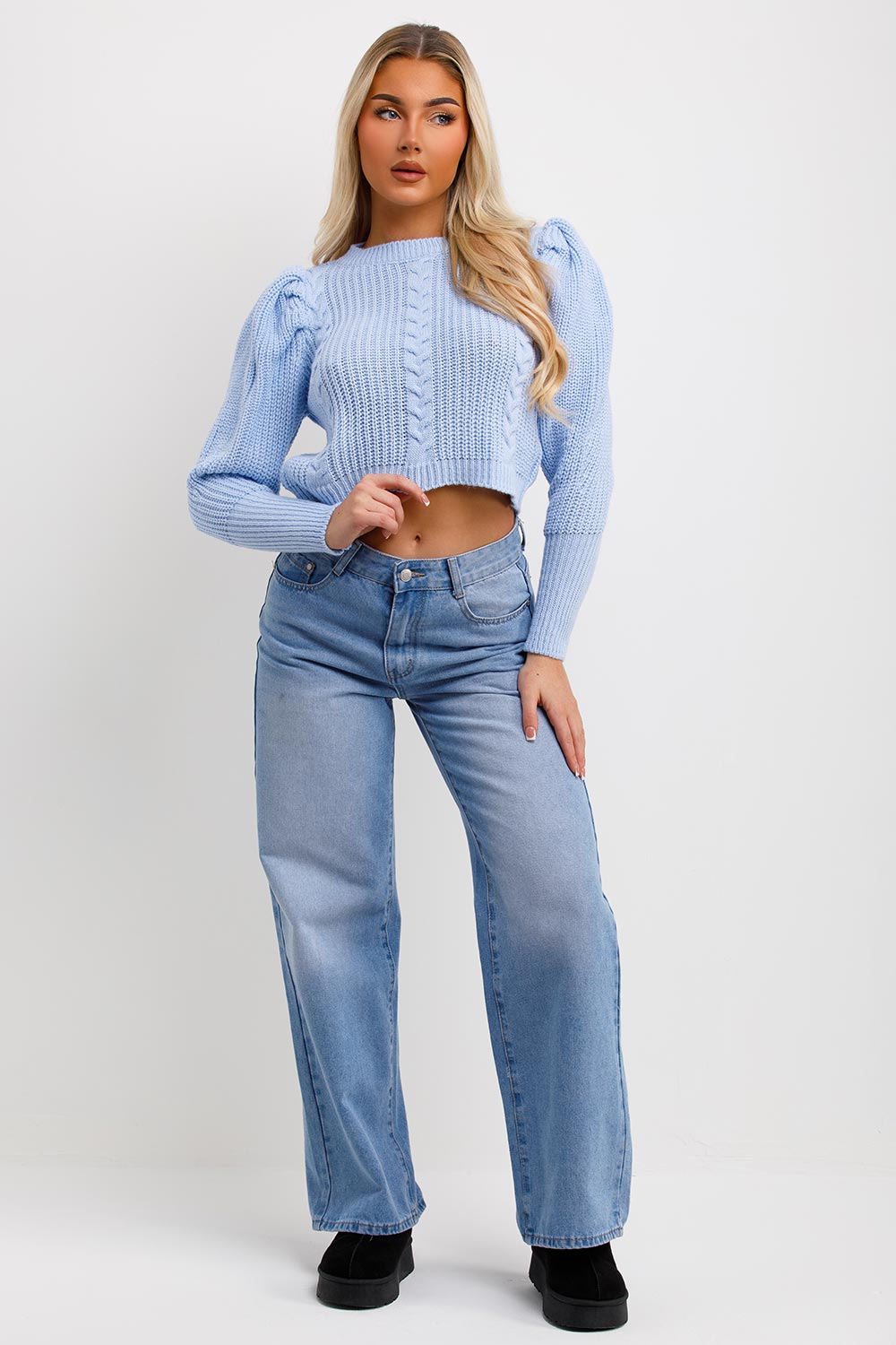 Knitted Jumper with Puff Sleeves Sky Blue | Xtralitty